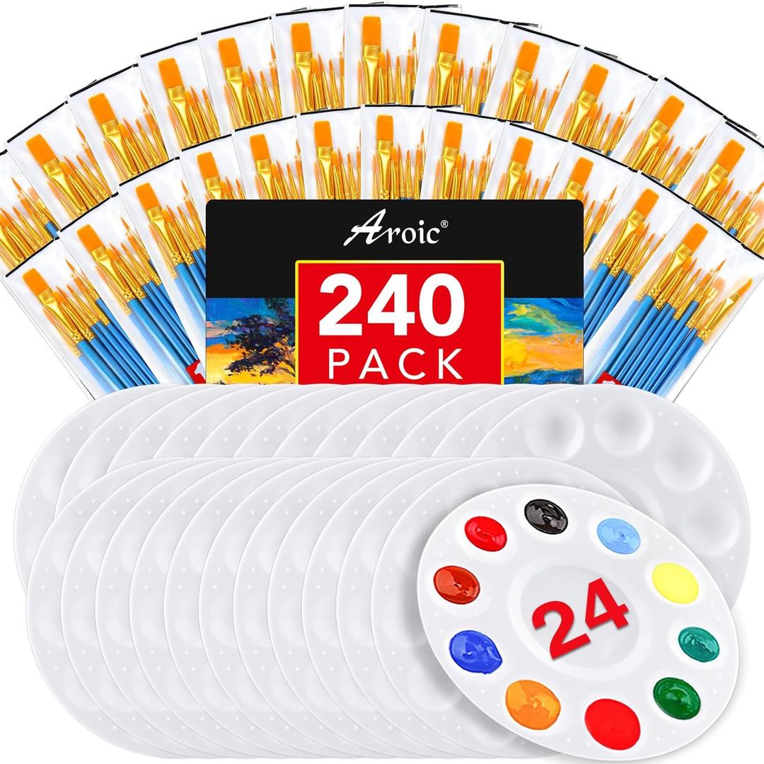 AROIC Paint Brushes Palette Set, 24 Pack/ 240Pcs Acrylic Paint Brushes and 24 Palettes, Professional Artist Brushes, Finger and Face Painting Oil Painting Watercolor Kid's and Adult Painting Art Set.