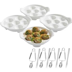 Escargot Baking Dish, 4 Pack Ceramic Escargot Dish 6 Holes Escargot Plates 6.5 Inch Snail Dish Escargot Serving Dish Escargot Pan for Home, Kitchen, Restaurant (with Tong and Fork)