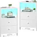 BOLUO White Nightstands Set of 2, Bedroom Night Stand Set Two Nightstand with Charging Station and LED Light, Bedside Table with 2 Fabric Drawers Modern