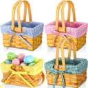 4 Pcs Easter Basket with Double Folding Handles and Gingham Liner Empty Natural Woven Woodchip Picnic Bamboo Handmade Woven Eggs Basket for Picnic, Gift Packing, Storage