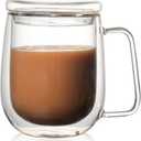 KNC Borosilicate Glass Coffee Mug with Lid Handle,12 oz Double-wall Insulated Milk coffee Cup, Thick Expresso Coffee Cups For Americano, Latte, Espresso, Cappuccinos Beverage and Tea, Clear