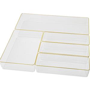 Martha Stewart Kerry Plastic Stackable Office Desk Drawer Organizers, Set of 5, with Gold Trim