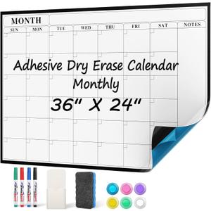 MaxGear 36"x24" Adhesive Dry Erase Calendar Monthly Whiteboard for Wall, Office, Classroom, Home, Drill-Free Installation, 1 Marker Holder, 4 Markers, 1 Eraser, 6 Magnets, Smooth Writing & Erasing