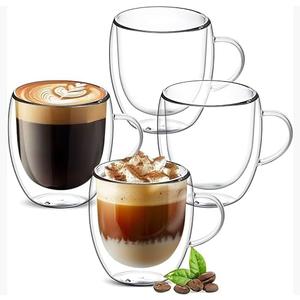 YMMIND Set of 4 Double Walled Glass Coffee Mugs 3 Ounces Insulated Layer Coffee Cups with Handle Borosilicate Glass Espresso Cup for Hot Beverage,Cappuccino,Tea,Latte,Wine,Microwave Safe, Open box set of 3