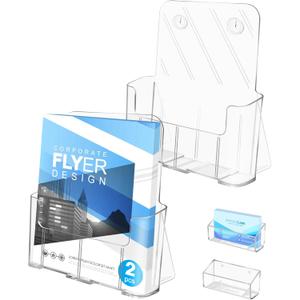 Acrylic Brochure Holder 8.5 x 11, 2 Pack Clear Brochure and Business Rack Card Holder Stand, Wall Mount Flyer Holder for Store Office Magazine Pamphlet Literature Document Menu Journals