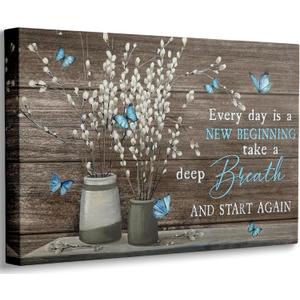 Farmhouse Bathroom Canvas Wall Art Vintage Rustic Country Flower Blue Butterfly Painting Picture Wall Decor Every day is a new beginning Poster Print Artwork for Living Room Bathroom Home Decoration