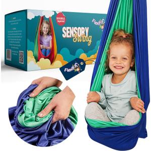 Sensory Swing for Kids Navy/Green | Indoor Swing for Kids Made with Soft & Durable Polyester | Includes Carabiner & Screws for Easy Installation | Suitable for Sensory Activities