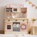 ROBOTIME Wooden Play Kitchen Set, Pretend Play Kitchen Set for Kids with Realistic Design, Kids & Toddlers Kitchen Playset with Dishwasher, Toy Kitchen Set for Boys and Girls Ages 3+ (Pink)
