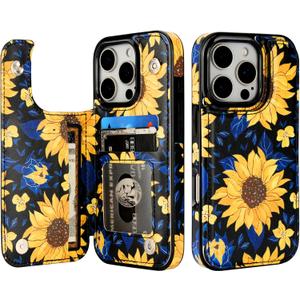 HAOPINSH for iPhone 16 Pro Wallet Case with Card Holder, Blooming Sunflowers Pattern Back Flip Folio PU Leather Kickstand Card Slots Case for Women Girls, Double Magnetic Clasp Shockproof Cover 6.3"