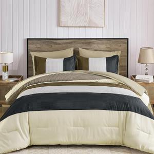 Anibedding 7 Pieces Striped King Size Comforter Set, Soft Microfiber Down Alternative Farmhouse Bedding All Season with Comforter, Pillow Shams, Flat Sheet, Fitted Sheet and Pillowcases (Brown-beige)