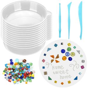 24 Pcs Stepping Stone Kit Includes Round Concrete Mold, Mosaic Tiles and Carving Tools, DIY Craft Handmade Stepping Stone Kit for Kids, Family, Garden Outdoor Decor (No Concrete Mix) (10 Inch)