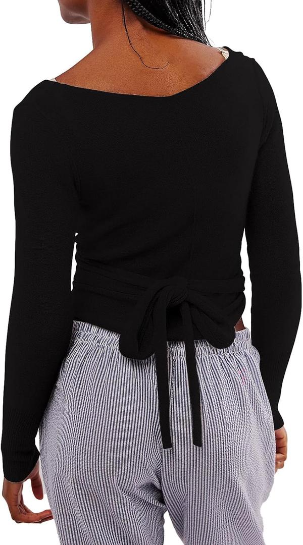 Women Wool Tie Front Tops Crop Top Solid Long Sleeve Solid V Neck Lightweight Crochet Cardigan Crop (Medium, Black)