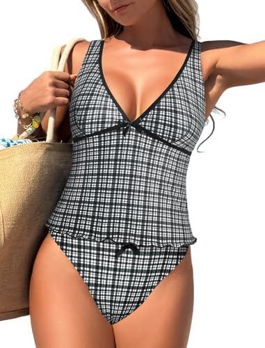 ZAFUL Women's Tankini Swimsuits V Neck Tummy Control Bow Color Block Two Piece Swimsuit Bathing Suit Size 6