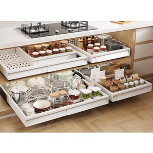 Seinloes Pull Out Cabinet Organizer, 4-Side Expandable to Fit Most Cabinets, 3 Rail Slide Out Drawers with Raising Pad for Framed & Frameless Cabinets, 15"-25" W x 17"-24" D, White, 4 Pack