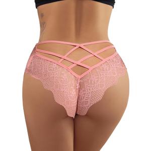Milumia Women Sexy Floral Lace Underwear Criss Cross Seamless Bikini Panty Brief (Small, Salmon Rose Pink)