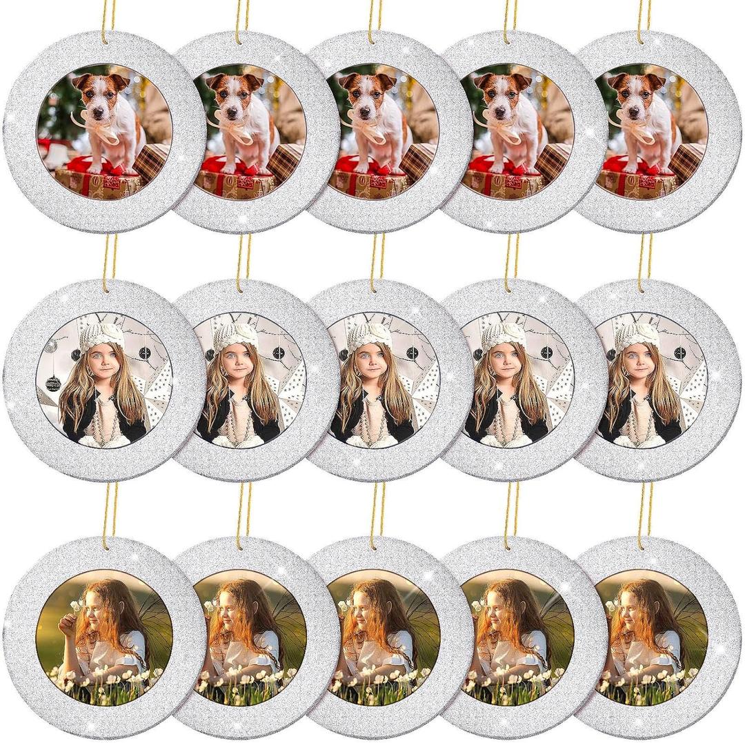 Jetec 15 Pieces Mini Magnetic Glitter Christmas Photo Frame Ornaments with 13.12 Feet Gold Thread for Holiday Christmas Picture Frame Tree Decoration (Silver)