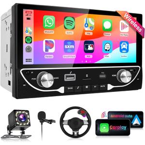 Wireless Car Play Double Din Car Stereo with Wireless Android Auto,PODOFO 6.8inch 1280X480P HD IPS Touchscreen 5.1Bluetooth Car Radio Mirror Link,FM, USB/TF/AUX/USB Type-C Port Backup Camera