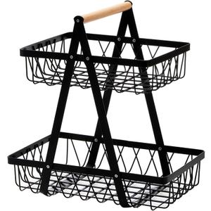 Dicunoy Metal Storage Basket with Handles, 2 Tier Wire Snack Organizer Bin for Office Cournertop, Rustic Black Basket for Home, Kitchen, Pantry, Fruit, Coffee, Pasta, Bathroom, Living Room