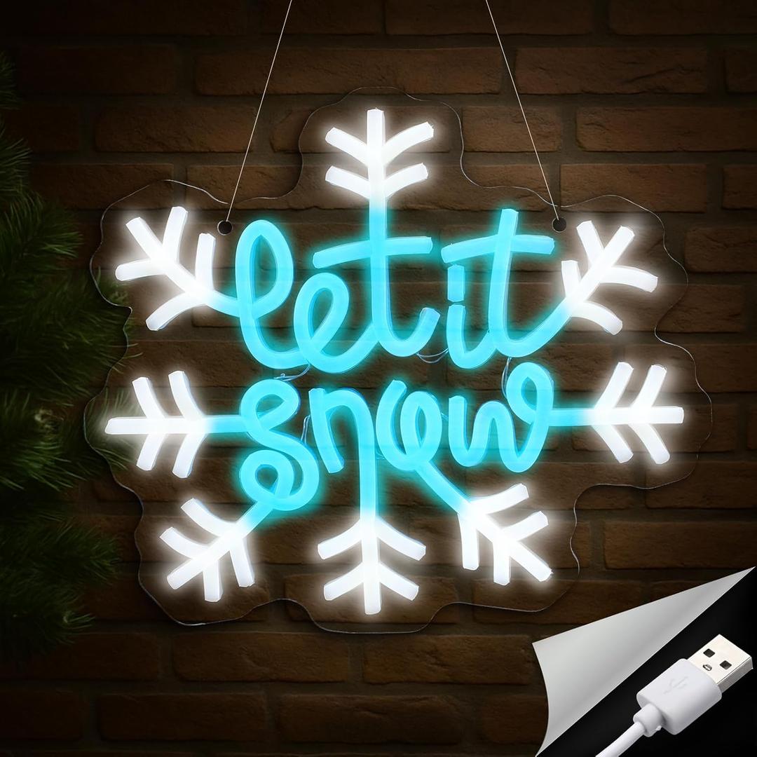 Baquler 10" Winter Snowflake LED Neon Sign Winter Let It Snow Lights Decorations Window Christmas Snowflake Party Neon Lights LED Wall Decor for Xmas Party Gift Home Bedroom