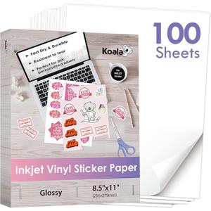 Koala Printable Vinyl Sticker Paper for Inkjet Printers - 100 Sheets Glossy White Water-Resistant Adhesive Label Paper - 8.5x11 Inch, Tear-Resistant, Removable