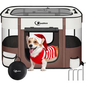 Dog Cat Playpen, Pet Puppy Portable Playpens for Outdoor Travel Crate, Indoor After Surgery Use, Foldable Dog Kennel Tent for Rabbit or Small Animals and Tent Stakes (Brown, Large)