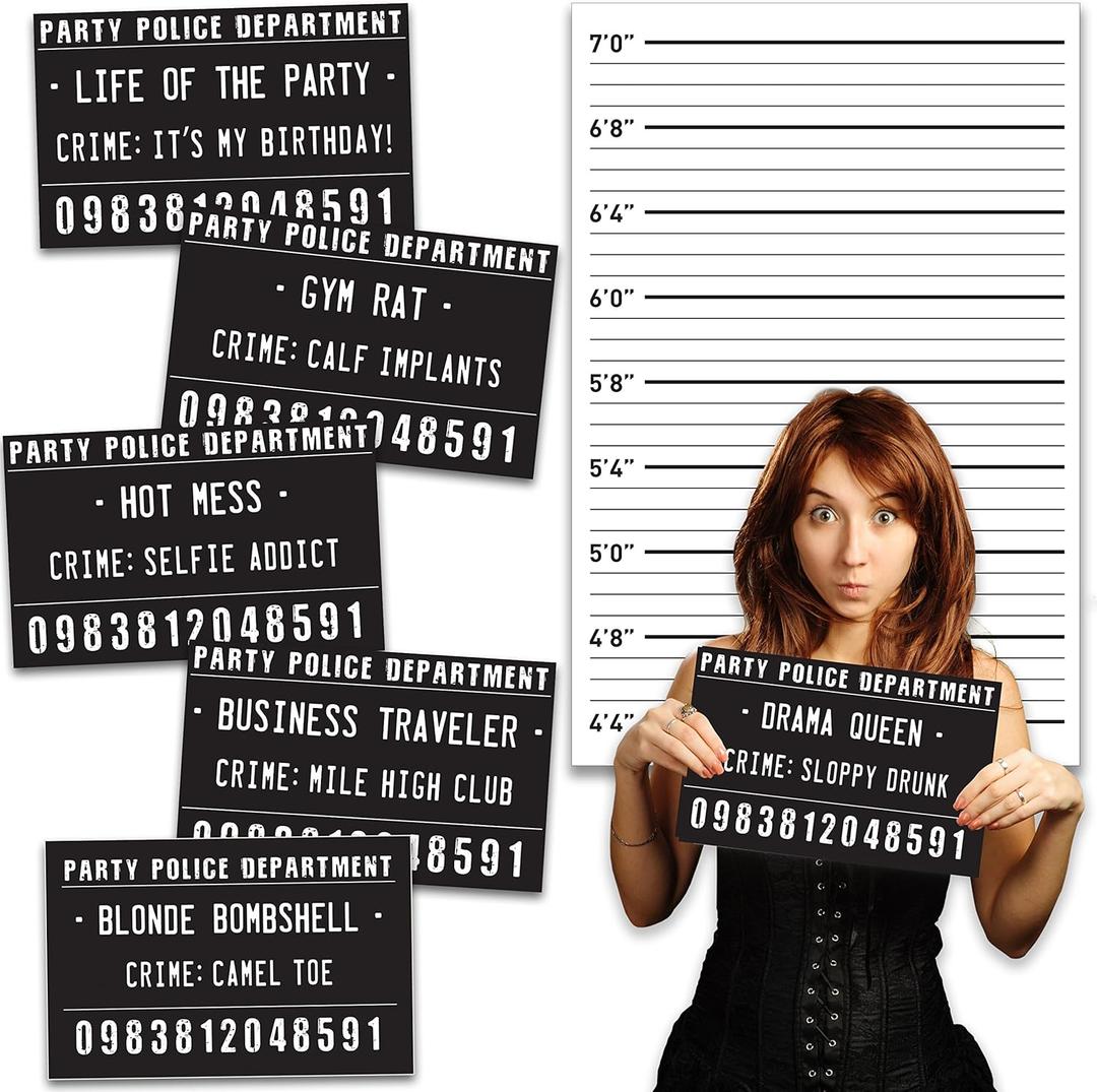 Funny Mugshot Sign Photobooth Selfie Props for Birthday Parties, Bachelorette Games, Event Decoration Idea (Birthday Party With Backdrop)