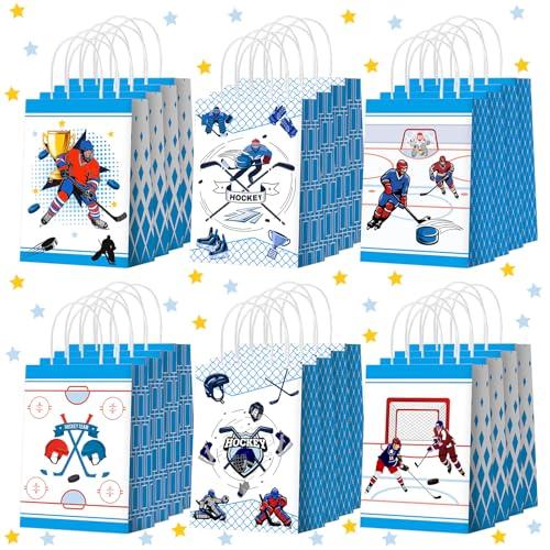 Kolldenn 24 Pcs Winter Hockey Party Favors Bags Hockey Gift Goodie Paper Bags with Handles Winter Sports Theme Candy Treat Pouch for Birthday Party Decorations Supplies