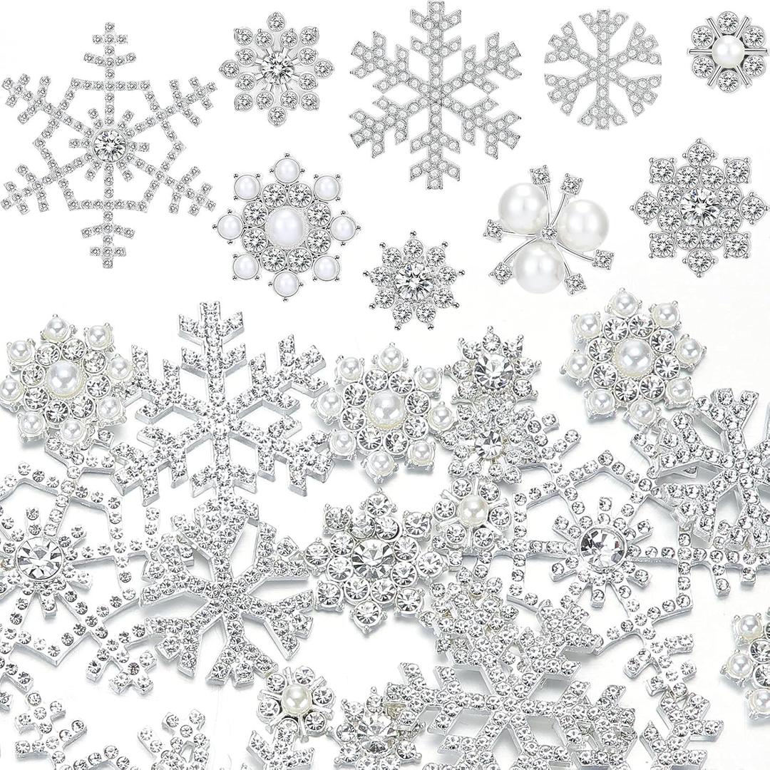 45 Pieces Pearl Rhinestone Buttons Faux Pearl Embellishments Snowflake Brooch Alloy Floral Pendants for Jewelry Making Crafts Clothes Bags Shoes Supplies and Wedding Bouquet, 9 Styles (Silver)