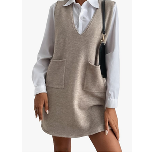 OYOANGLE Women's V Neck Sleeveless Knitted Solid Short Sweater Dress with Pockets Size Medium, Khaki 