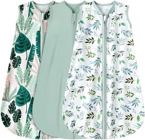 BSTOPPT 3 Pack Baby Sleep Sack 0-6 Months 100% Rayon Cotton Baby Sleeping Bag 2-Way Zipper Toddler Wearable Blankets Comfy Stretchy Lightweight TOG 0.3 （Banana&leaf&green）