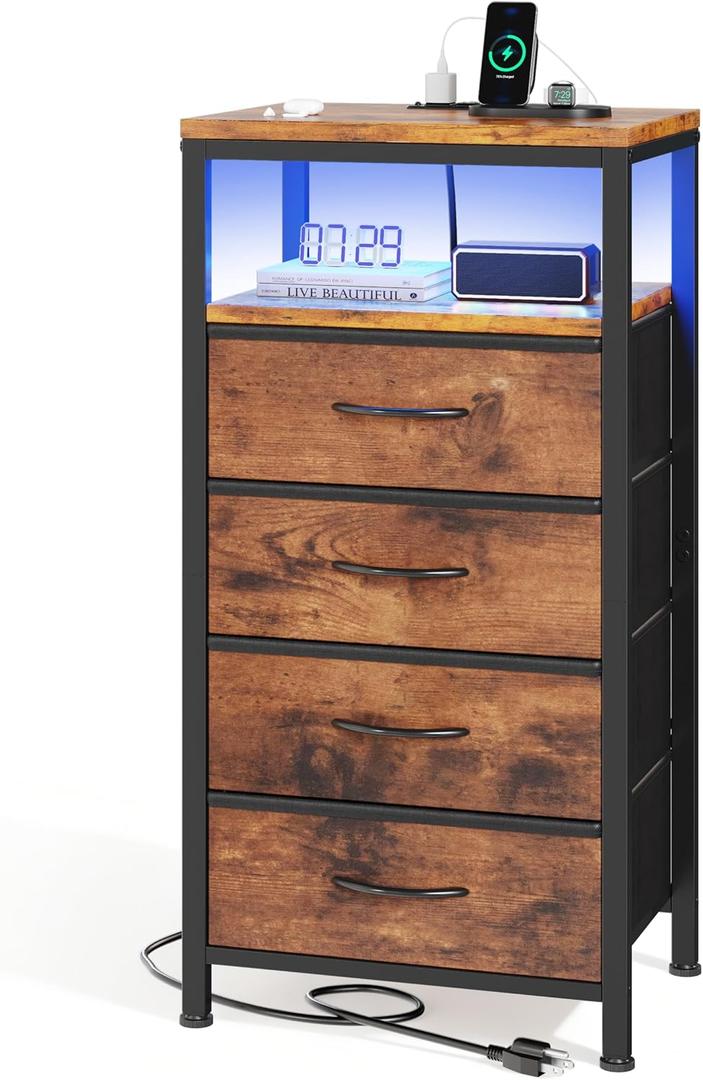 Sweetcrispy Nightstand with Charging Station, Bedside End Table with 4 Fabric Drawers, USB & Type-C Ports with AC Outlets, Adjustable Feet & Dimmable LED Light Strip, Modern Bedroom Furniture, Brown, 11.8"D x 15.75"W x 33.62"H