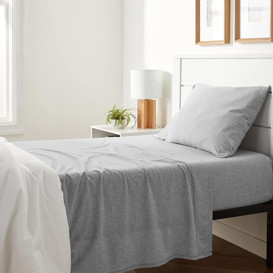 Amazon Basics 3 Piece Bed Sheets Set, 100% Cotton Jersey, Includes Super Soft, Flat and Fitted Sheets, Pillowcase, Twin, Light Gray, Solid