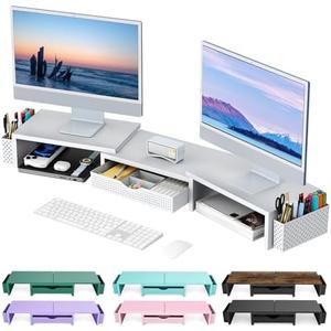gianotter Dual Monitor Stand Riser, Desk Organizer With Drawer and 2 Pen Holders, Monitor Stand for Desk, Office Decor Essentials (White)