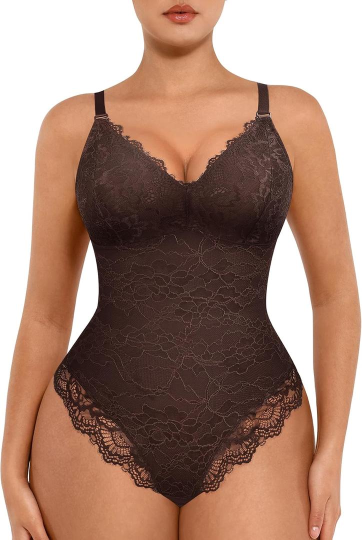 FeelinGirl Shapewear Bodysuits for Women Lace Shapewear Tummy Control V-Neck Sleeveless Bodysuit Tops Jumpsuit (Large, Brown)
