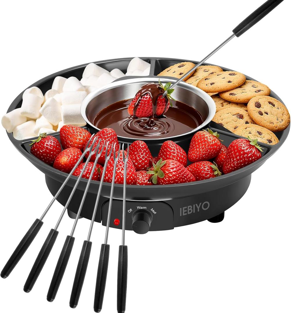 Chocolate Melting Pot Electric Chocolate Fondue Pot Set 3-Section Food Trays with 6pcs Dipping Forks Perfect for Chocolate Cheese Dessert Housewarming Christmas Party Gifts (Black)
