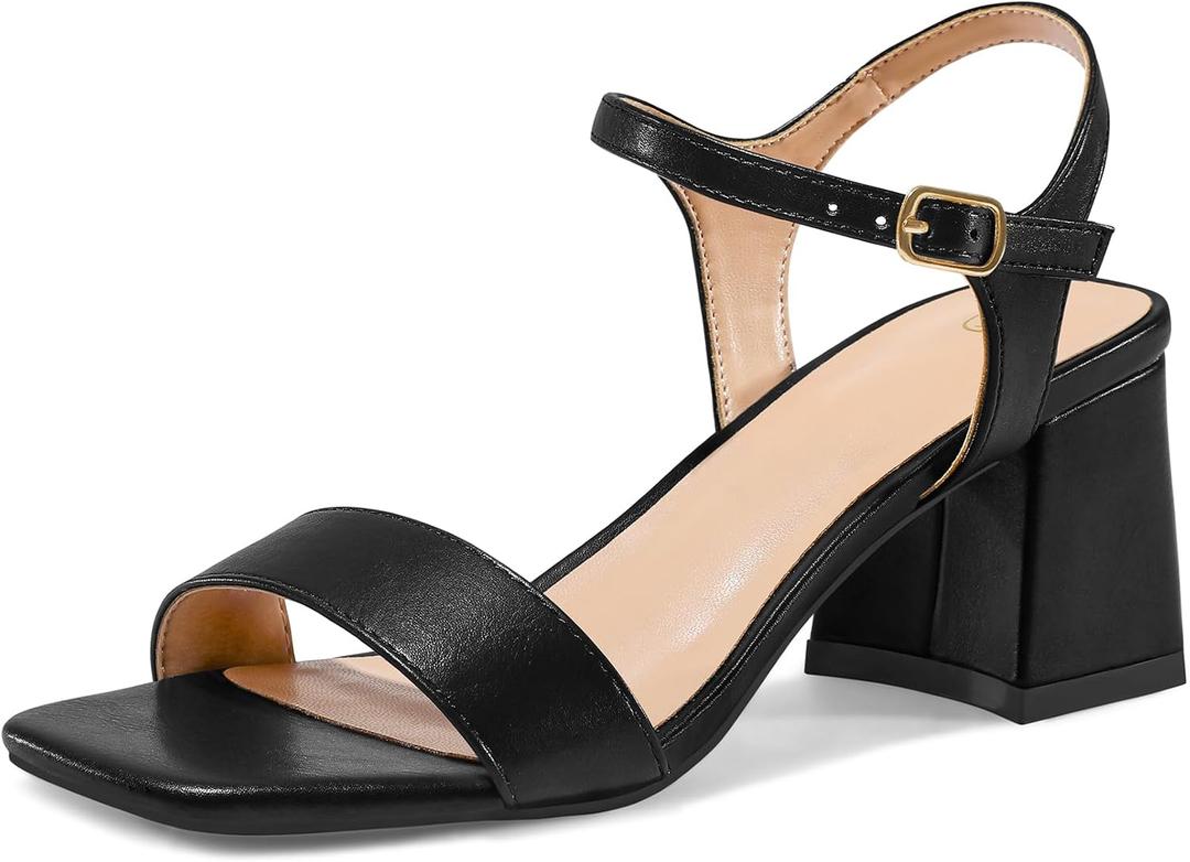 mysoft Women's Chunky Block Low Heels Open Toe Ankle Strap Heeled Sandals Comfortable Square Toe Wedding Party Dress Pump Shoes (Black)