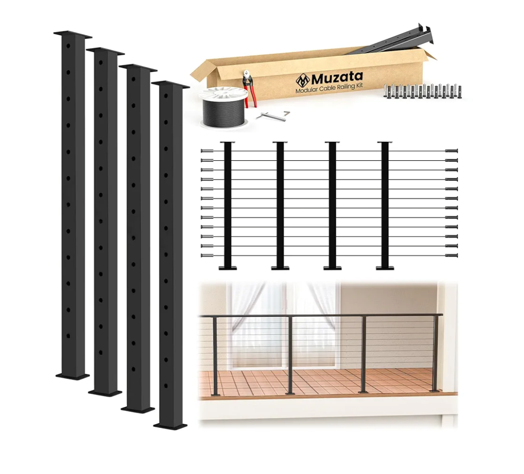 Muzata 15-20FT Modular Black Cable Railing Kit 42 Inch 4 Level Post Kit Complete Set Cable Railing System for Decks Length Adjustable Easy DIY with Paper User Guide (No Handrail) RWS2 BH4L