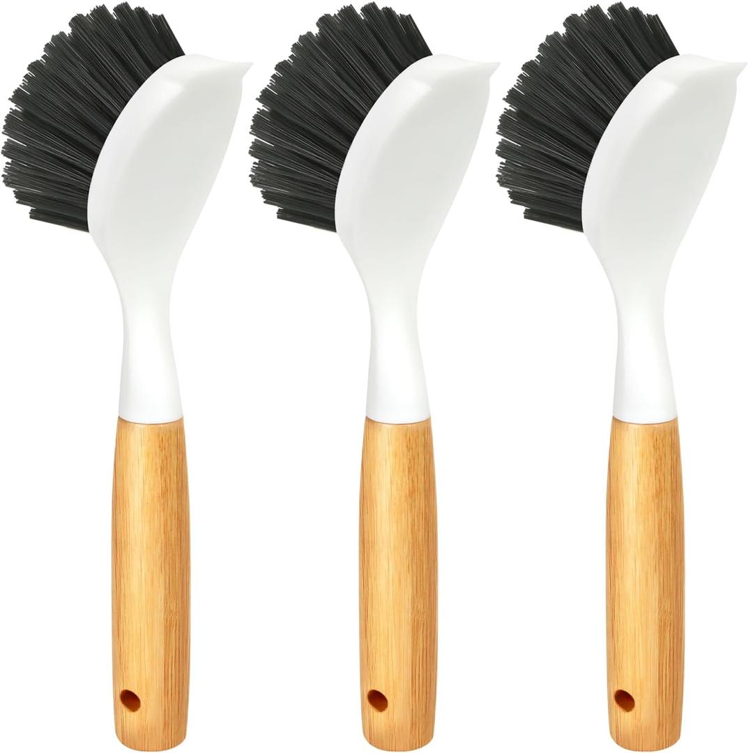 Holikme 3 Pack Cast Iron Brush and Scraper with Bamboo Handle  Skillet Scrubber with Tough Nylon Bristles, Kitchen Cleaner for Cleaning Skillet, Grill Pan, Dark Gray