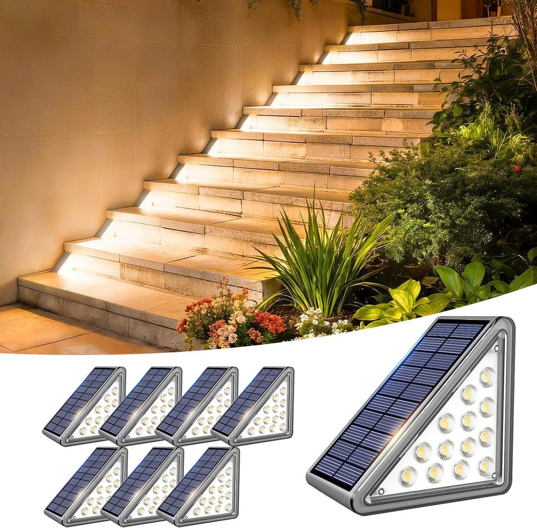 Solar Step Light Outdoor Stair Lights, Deck Lights Outdoor Powered IP65 Waterproof, 3000K Warm White Solar Outdoor Step Light, Decor for Stair, Deck, Step, Porch and Outside Patio, 8 Pack