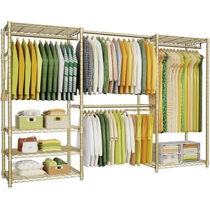 Ulif E1 Heavy Duty Closet Garment Rack, 6 Tiers Adjustable Metal Freestanding Expandable Clothing Storage with 4 Hanger Rods, Easy to Assemble Wardrobe, 71.4" H x (70" - 88.2") L x 14" D, Gold