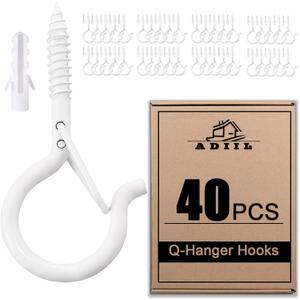 ADIIL 40 PCS Q Hanger Hooks with Safety Buckle, Windproof Screw Hooks for Hanging Outdoor String Lights, Plants, Christmas Patio Lights, 2.2 Inches, White