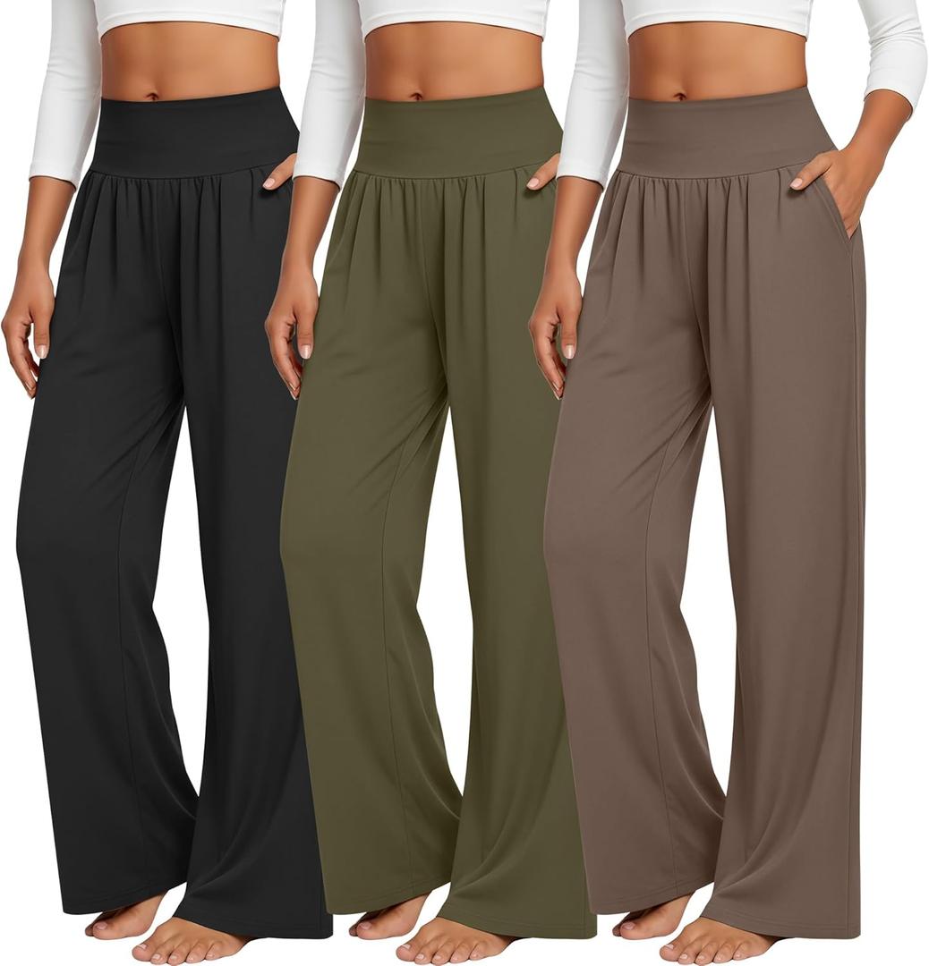 Neer 3 Pack Women's Wide Leg Yoga Pants Comfy Lounge Pants with Pockets Baggy Elastic Waist Joggers Ladies Open Bottom (M)