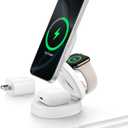 Belkin MagSafe Charger Compatible, 3-in-1 Qi2 15W Wireless Charging Station, Convertible Wireless Charger for iPhone 17, Apple Watch, AirPods, Pixel 10, Phone Stand for Travel w/ 36W Adapter - White
