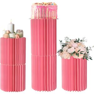 Stacking-Block Design Cake Stands for Party, Customizable Height, Sturdy Cardboard Column with Clearance Acrylic Plate, Reusable Round Cylinder Stands for Party Birthday Wedding Dessert, Pink