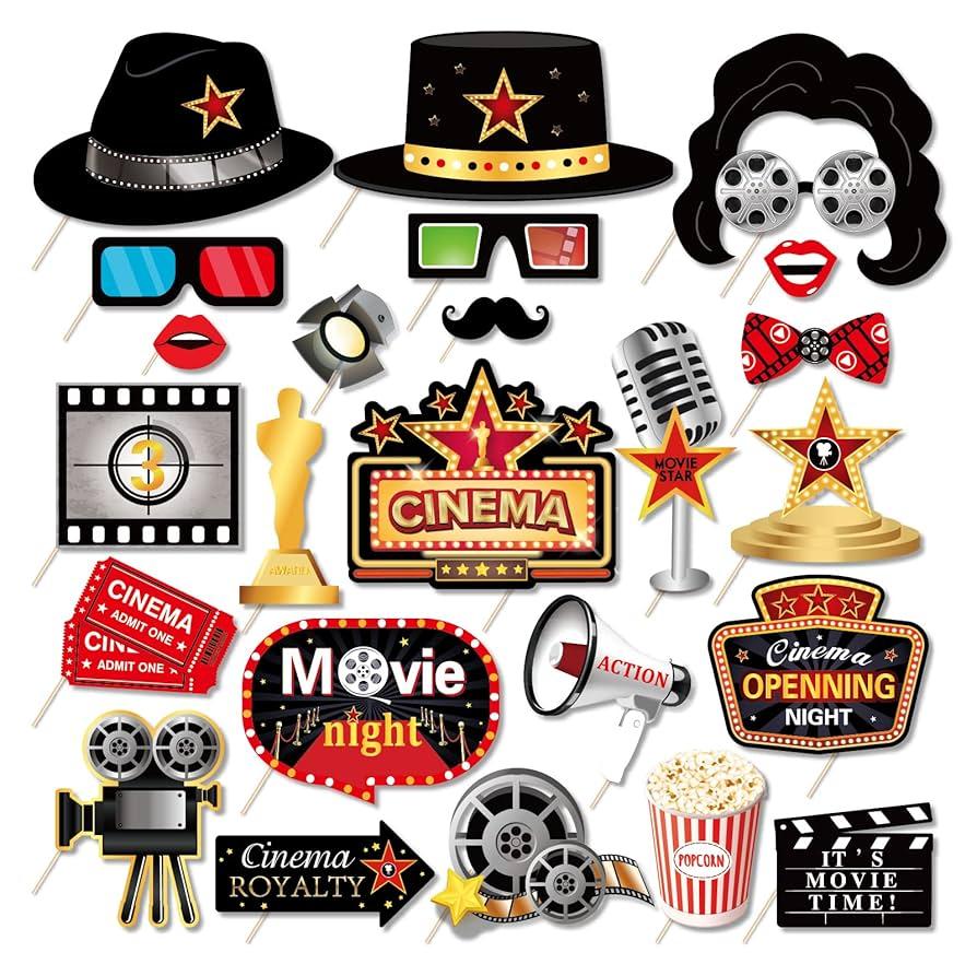 CC HOME 25pcs Photo Booth Props Movie Night Photo Booth Patterns Party Decorations Party Favor for Movie Party Essentials