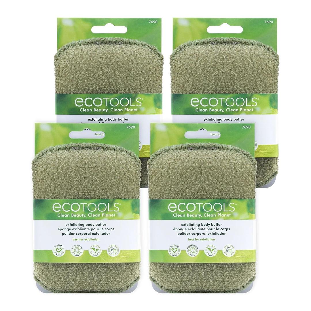 EcoTools Exfoliating Body Buffer, for Body Cleansing, Designed with Strap, Sustainable and Vegan Body Scrubber, 4 Count (Pack of 1)