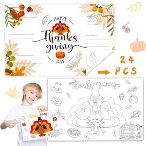 Thanksgiving Disposable Paper Placemats - 24 Pack Fall Turkey Harvest Thanksgiving Day Placemats for Kids Painting Coloring Family Dining Table Mats Holiday Table Decorations