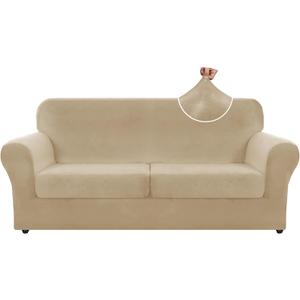 ZNSAYOTX Oversized Velvet 3 Piece Couch Cover with 2 Extra Large Seat Cushion Covers Stretch Sofa Cover for 2 Cushion Couch Thick Loveseat Sofa Slipcover for Living Room (Camel), 72"-92"(2 Cushions)