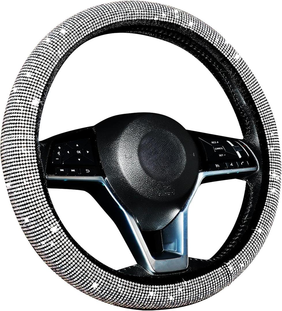 Frienda Bling Car Steering Wheel Cover Women Crystal Diamond Steering Wheel Cover Soft Velvet Rhinestones Protector Anti Slip Lining for Diverse Vehicle Car SUV Auto and More 15 Inch(Silver)