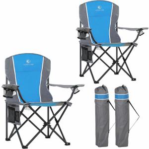 LET'S CAMP Oversized Outdoor Folding Camping Chair, 2 Pack Heavy Duty Arm Chairs with Cup Holder and Storage Bag, 350 LBS Weight Capacity, Blue